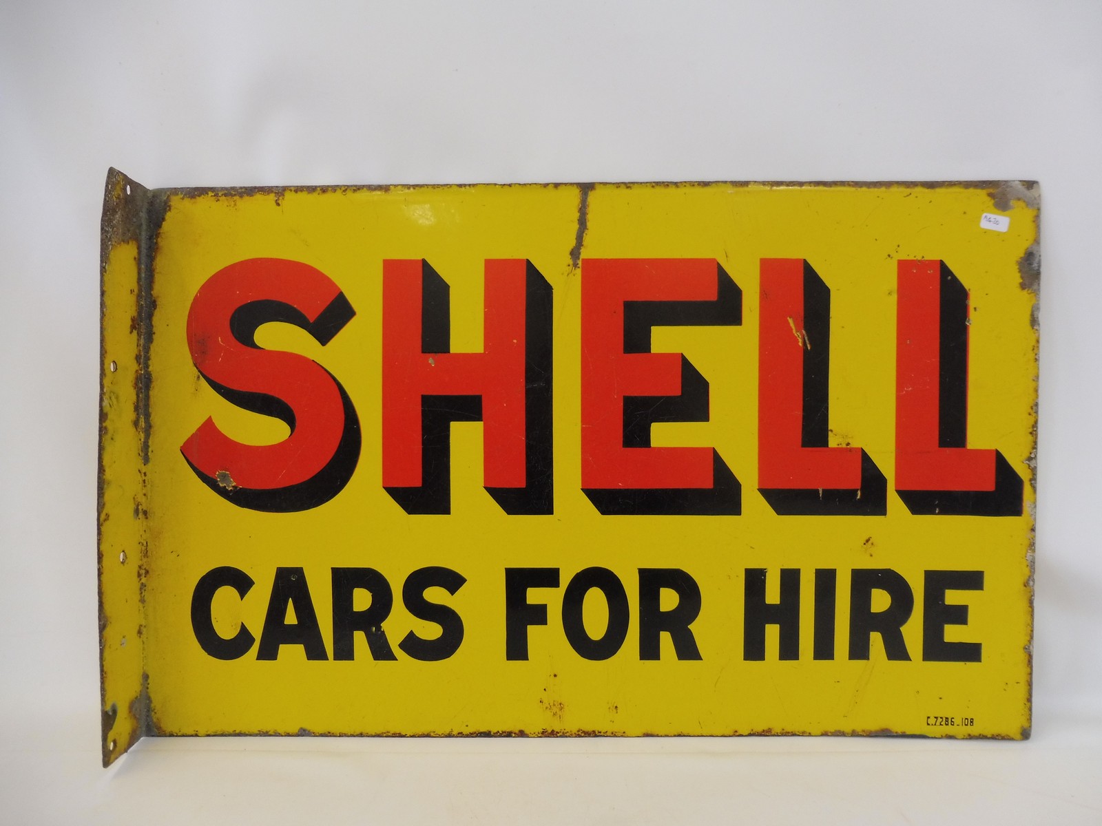 A Shell Cars for Hire double sided enamel sign with hanging flange, 24 x 15".