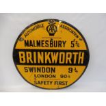 An AA circular mileage sign for Brinkworth, Malmesbury 5 3/4 and Swindon 9 3/4, by Franco, good