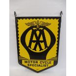 A pair of AA Motor Cycle Specialist enamel signs by Franco, mounted back to back in a hanging frame,
