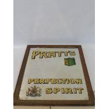 A Pratt's Perfection Spirit advertising mirror with can image and Royal coat of arms, 20 1/2 x 26