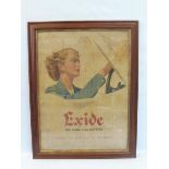 An early Exide battery pictorial showcard depicting a glamorous lady driving a car, framed and