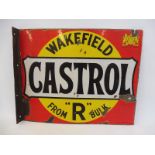 A Wakefield Castrol From 'R' Bulk rectangular double sided enamel sign with hanging flange, by