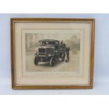 A framed and glazed early image of a Leyland delivery lorry dropping off two gallon petrol cans of