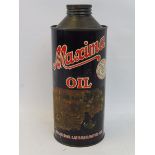 A Maxima Oil cylindrical quart can with additional paper label.