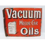 An early Vacuum Motor Oils part pictorial double sided enamel sign with hanging flange by