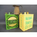 A National Benzole Co. Ltd. two gallon petrol can, a Pratts can and an oil measure.