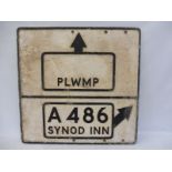 A cast aluminium junction road sign, directing right to the A486, 'Synod Inn' by the Royal Label