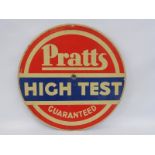 A Pratts High Test Guaranteed circular aluminium advertising sign from a petrol pump or cabinet,