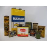 A selection of assorted tins including Duckhams, Carbide, Filtrate, Romac and others.