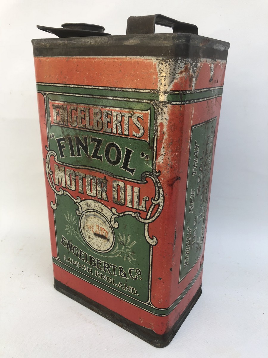 A rare Englebert's Finzol Motor Oil gallon can of good colour.