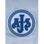 An AJS circular plastic advertising sign, 18" diameter.