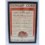 A rare Dunlop Cord Motor Cycle Tyres pictorial poster dated 1924, detailing races won on Dunlop