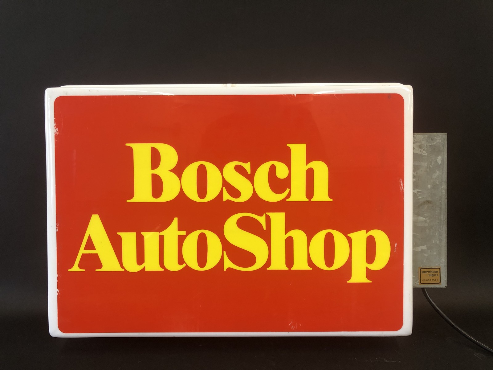 A Bosch AutoShop rectangular lightbox by Burnham Signs, 26" wide x 17" high x 6" deep.