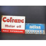 A Colfranc Motor Oil rectangular tin advertising sign, 27 x 19 1/4" and an Atlas Lamp double sided