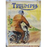 A rare Triumph motorcycle pictorial poster depicting a bike being ridden at speed