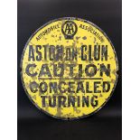 An early AA (pre-1910) circular enamel sign for Aston-on-Clun, Caution Concealed Turning sign made