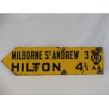 An AA double sided directional enamel sign, in good condition, pointing to Hilton, 38 x 10".
