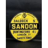 An early AA circular village road sign, in yellow and black enamel for Sandon, by Franco, 30"