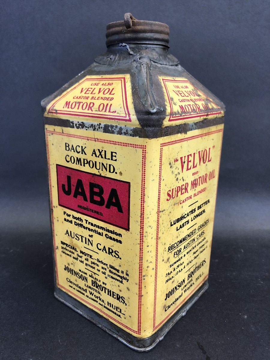 A rare JABA back axle compound for Austin Cars quart pyramid can, of bright colour.