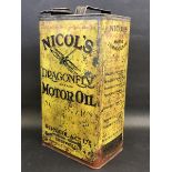 A Nicol's Dragonfly Brand Motor Oil gallon can, in good condition for the age and rarely seen.