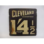 A Cleveland Guaranteed 1'4 1/2 double sided tin price indicator, 7 1/4 x 7 1/4".