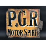 A P.G.R. Motor Spirit double sided enamel sign by Protector, with partial flattened hanging