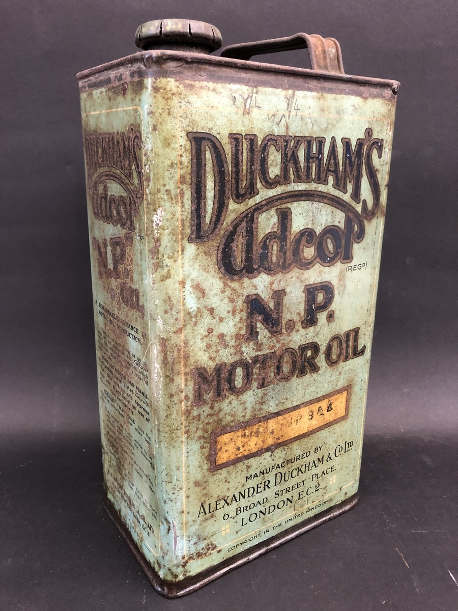 A Duckham's Adcol N.P. Motor Oil gallon can in good, original condition.