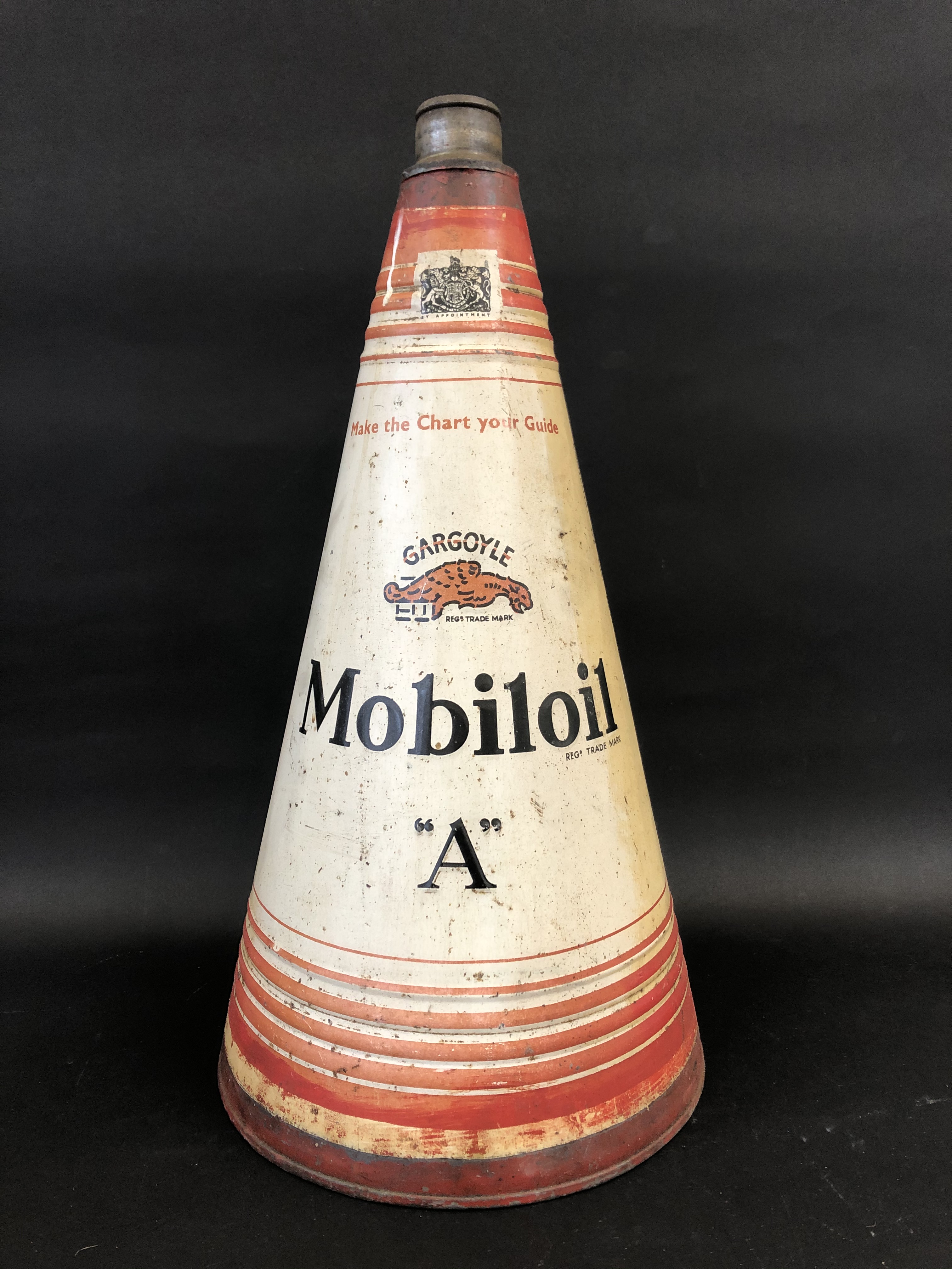 A Mobiloil 'A' grade conical oil can, missing cap, 21" tall.