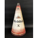 A Mobiloil 'A' grade conical oil can, missing cap, 21" tall.