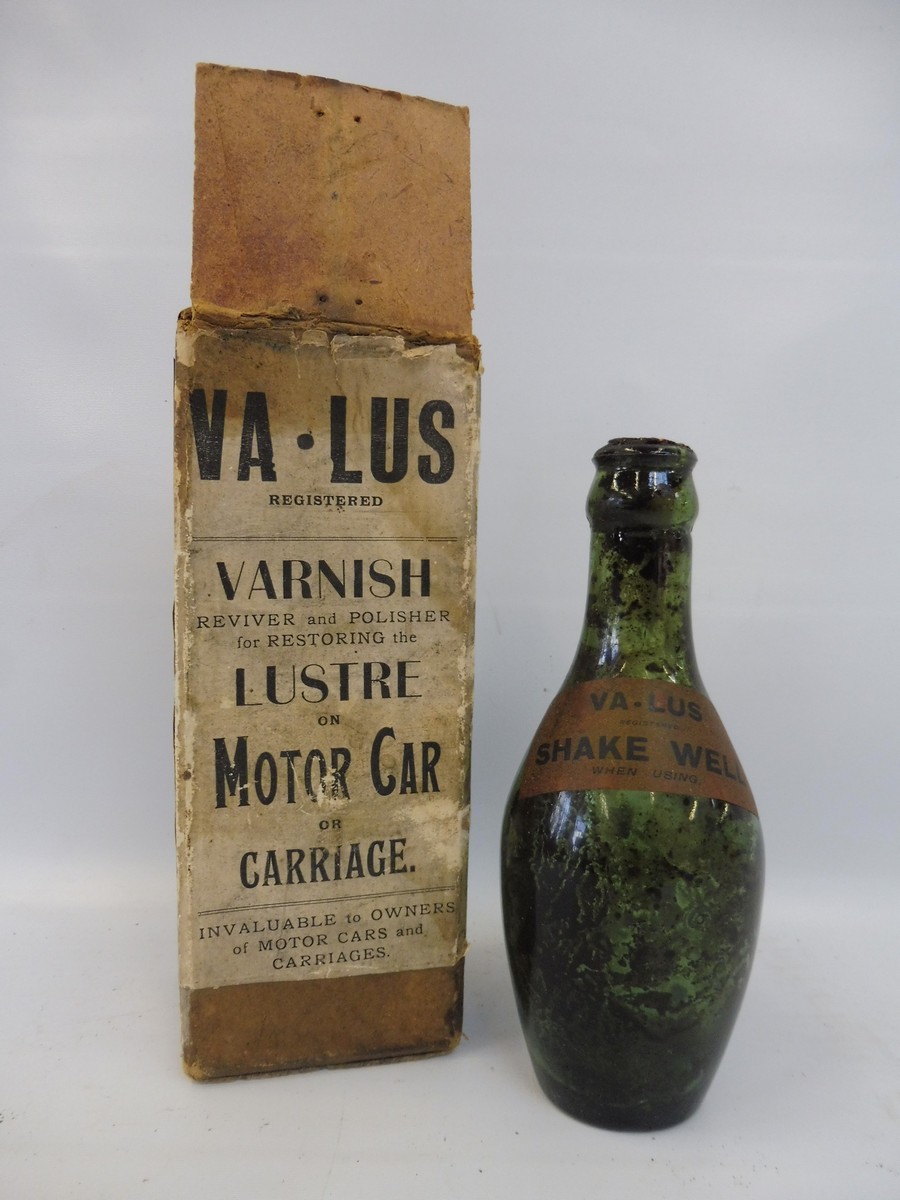 An early bottle of Va-Lus varnish lustre for Motor Car or Carriage, in original box.