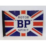 A BP Motor Spirit Union Jack double sided enamel sign with reattached hanging flange, some
