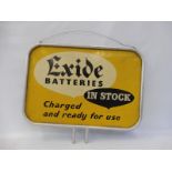 An Exide Batteries 'in stock' advertising sign in a tubular metal frame, 24 3/4 x 15 3/4".