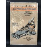 A Licences & General pictorial tin advertising sign depicting a line of vintage transport, 19 x