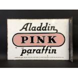 An Aladdin Pink Paraffin double sided enamel sign with hanging flange, 21 x 14".