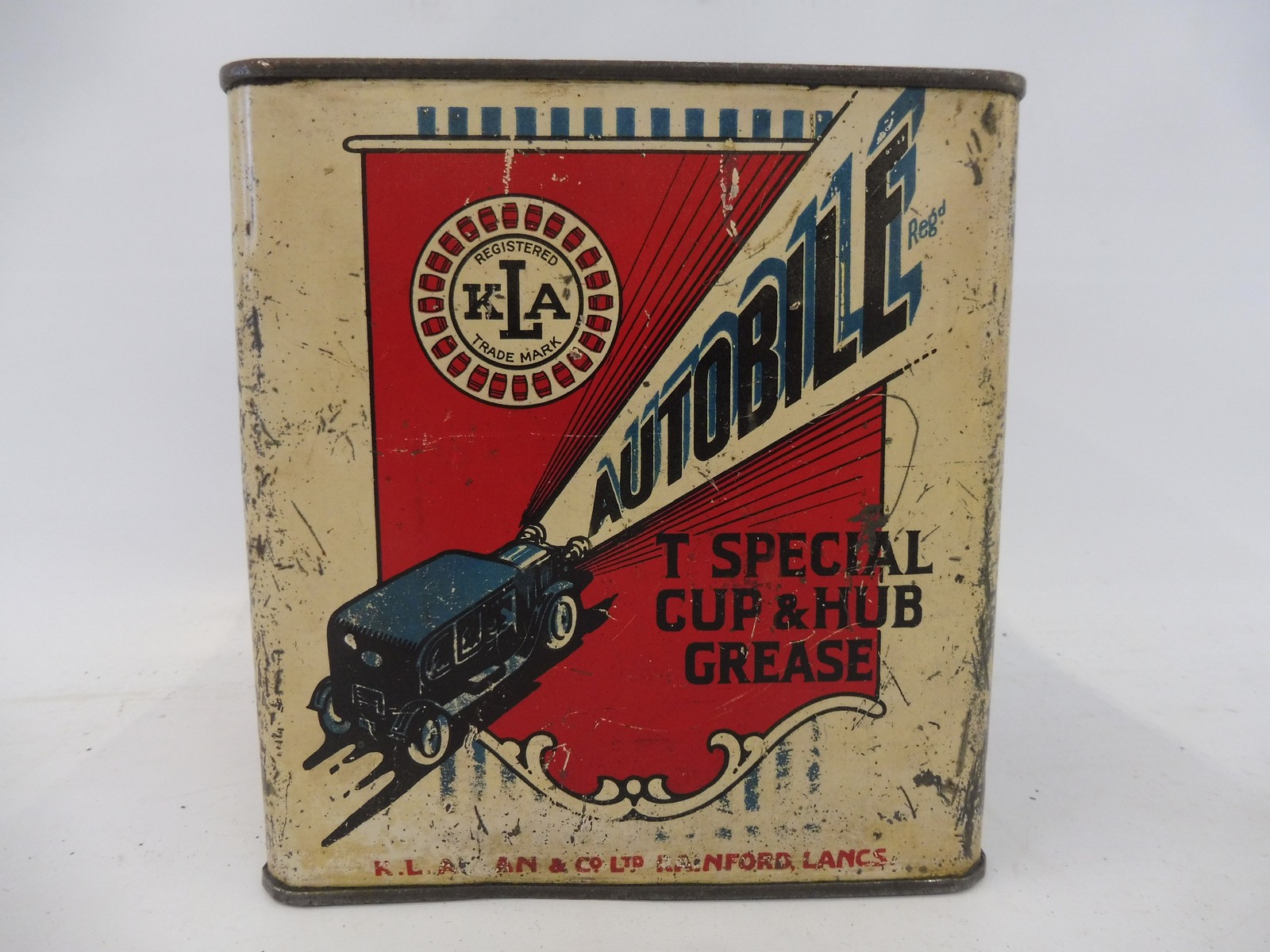 A rare K.L.Allan & Co. of Rainford, Lancs. square 7lb grease tin with images of a vintage motor - Image 5 of 5