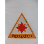 A rare Speedolene Motor Oils triangular enamel sign by Franco, with good gloss, 30 x 26".