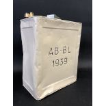 An AB-BL 1939 two gallon petrol can, lipped top version, restored.