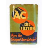 An AC Oil Filters hardboard advertising sign, 10 1/4 x 15".