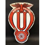 An early and rare Motor Union die-cut double sided hanging enamel sign, with some restoration,