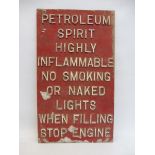 A cast aluminium garage forecourt sign 'Petroleum Spirit Inflammable...', 12 x 21".