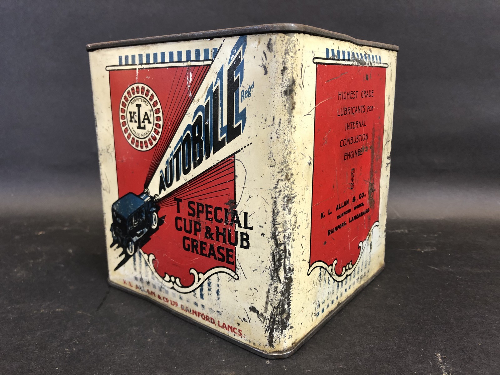 A rare K.L.Allan & Co. of Rainford, Lancs. square 7lb grease tin with images of a vintage motor - Image 2 of 5