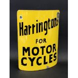 An unusual 'Harringtons for Motor Cycles' curved enamel sign, probably from a lamp post or