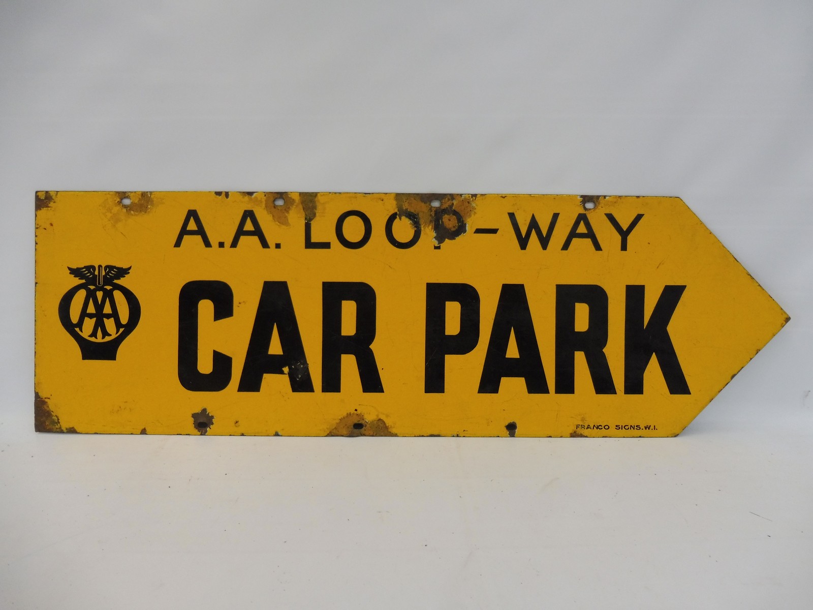 A rare AA Loop Way Car Park double sided directional enamel sign, 38 x 12".