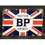 A BP Motor Spirit Union Jack double sided enamel sign by Protector, lacking hanging flange, 24 x