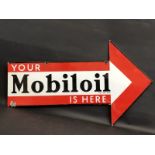 A Mobiloil 'is here' double sided arrow enamel sign in superb condition, 33 x 19 3/4".