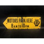 An AA Motors Park Here 8am to 10pm double sided directional enamel sign by Franco,