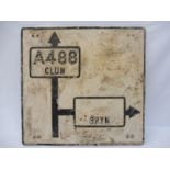 An early cast road junction sign, Clun A488 and Bryn, with integral glass reflectors, in good