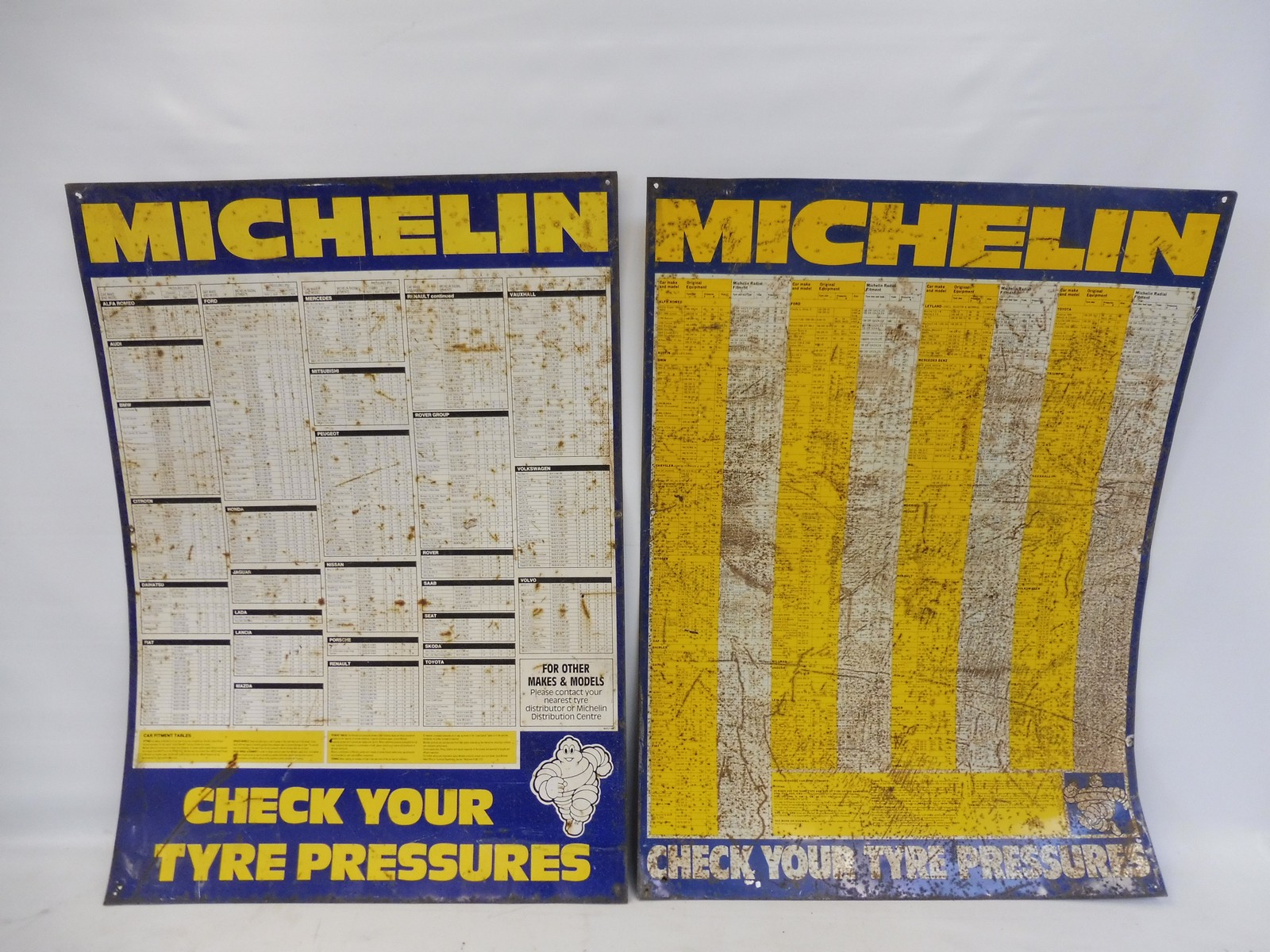 Two Michelin Tyre Pressures tin chart signs, each 25 x 34".