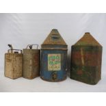 An Esso Blue five gallon conical can with dispensing tap, an Agri Castrol five gallon drum, an