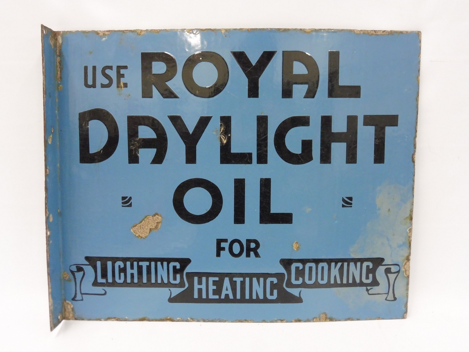 A Royal Daylight Oil for Lighting, Heating and Cooking double sided enamel sign with hanging flange,